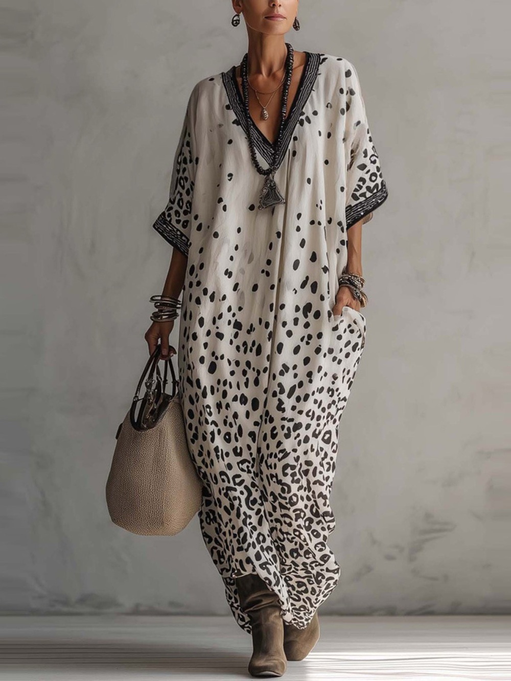 V-Neck Leopard Print Loose Maxi Dress